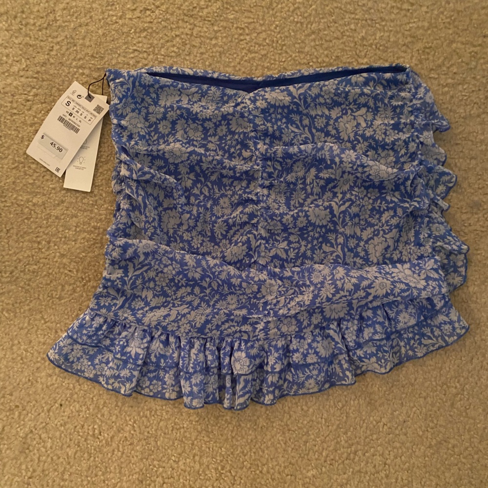 Zara Blue Floral Ruffle Ruche Skirt Size Small